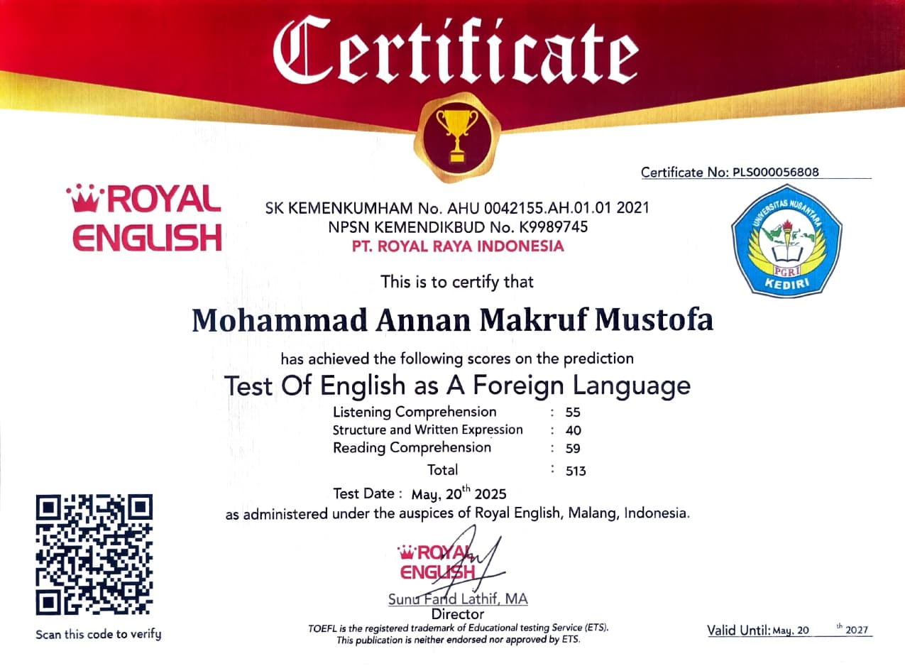 TOEFL certificate page 1